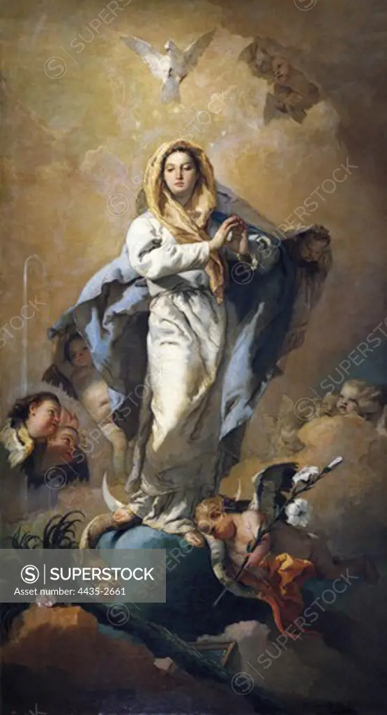TIEPOLO, Giovanni Battista (1696-1770). The Immaculate Conception. 1767 - 1769. The Immaculate with Marian symbols, angels and the Holy Spirit. Baroque art. Oil on canvas. SPAIN. MADRID (AUTONOMOUS COMMUNITY). Madrid. Prado Museum.