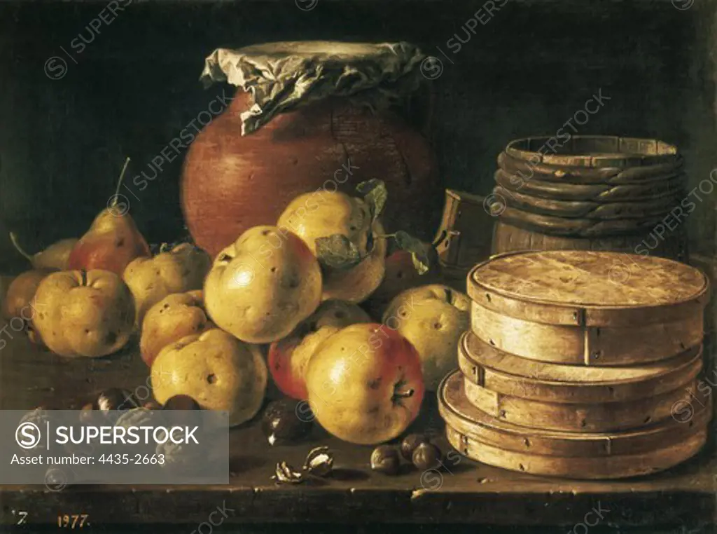 MELƒNDEZ o MENƒNDEZ, Lus (1716-1780). Still Life with Apples, Walnuts, Pot and Boxes of Sweetmeats. mid. 18th c. Baroque art. Oil on canvas. SPAIN. MADRID (AUTONOMOUS COMMUNITY). Madrid. Prado Museum.