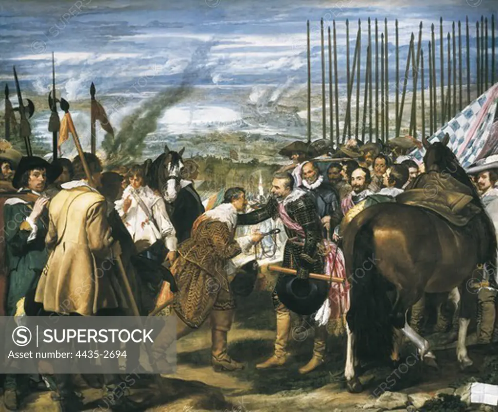 VELAZQUEZ, Diego Rodrguez de Silva (1599-1660). The surrender of Breda or The Spears. 1634 - 1635. The General Marquis of Spinola receives, on behalf of Philip IV, the keys of the city of Breda from the Dutch governor Justin of Nassau' hands. Baroque art. Oil on canvas. SPAIN. MADRID (AUTONOMOUS COMMUNITY). Madrid. Prado Museum.