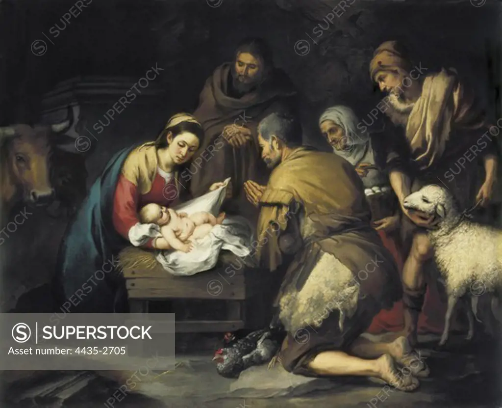 MURILLO, BartolomŽ Esteban (1617-1682). The Adoration of the Shepherds. 1655. Baroque art. Oil on canvas. SPAIN. MADRID (AUTONOMOUS COMMUNITY). Madrid. Prado Museum.