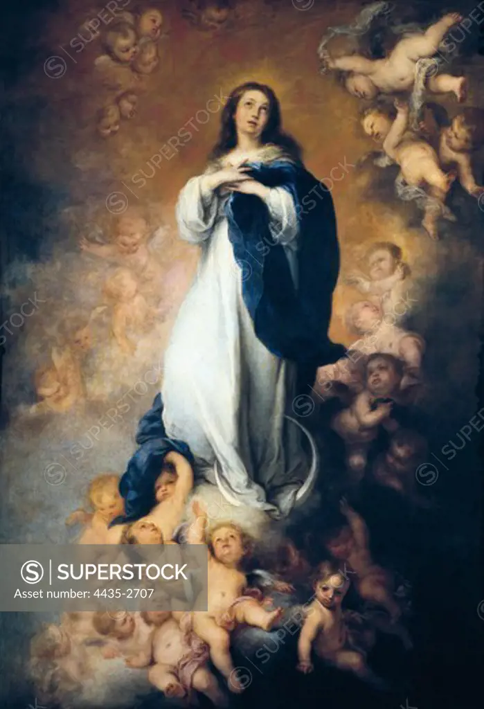 MURILLO, BartolomŽ Esteban (1617-1682). The Immaculate Conception 'of Soult'. ca. 1678. Painting ordered by don Justino de Neve for the Church of Seville's Venerable Hospital. Baroque art. Oil on canvas. SPAIN. MADRID (AUTONOMOUS COMMUNITY). Madrid. Prado Museum.