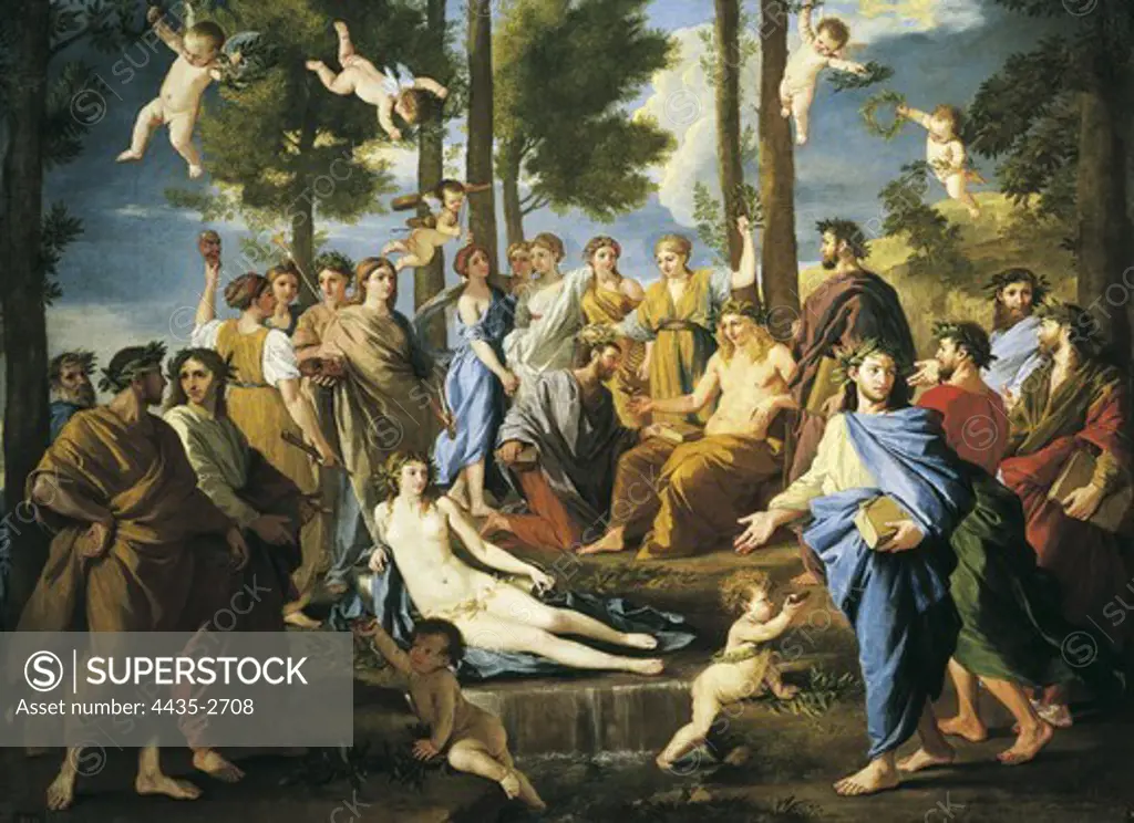 POUSSIN, Nicolas (1594-1665). Parnassus. 1625 - 1629. Apollo offers the ambrosia to Homer who is crowned by Calliope. Castilia is on the fountain and the group is surrounded by genies, muses and poets. Classicism. Oil on canvas. SPAIN. MADRID (AUTONOMOUS COMMUNITY). Madrid. Prado Museum.