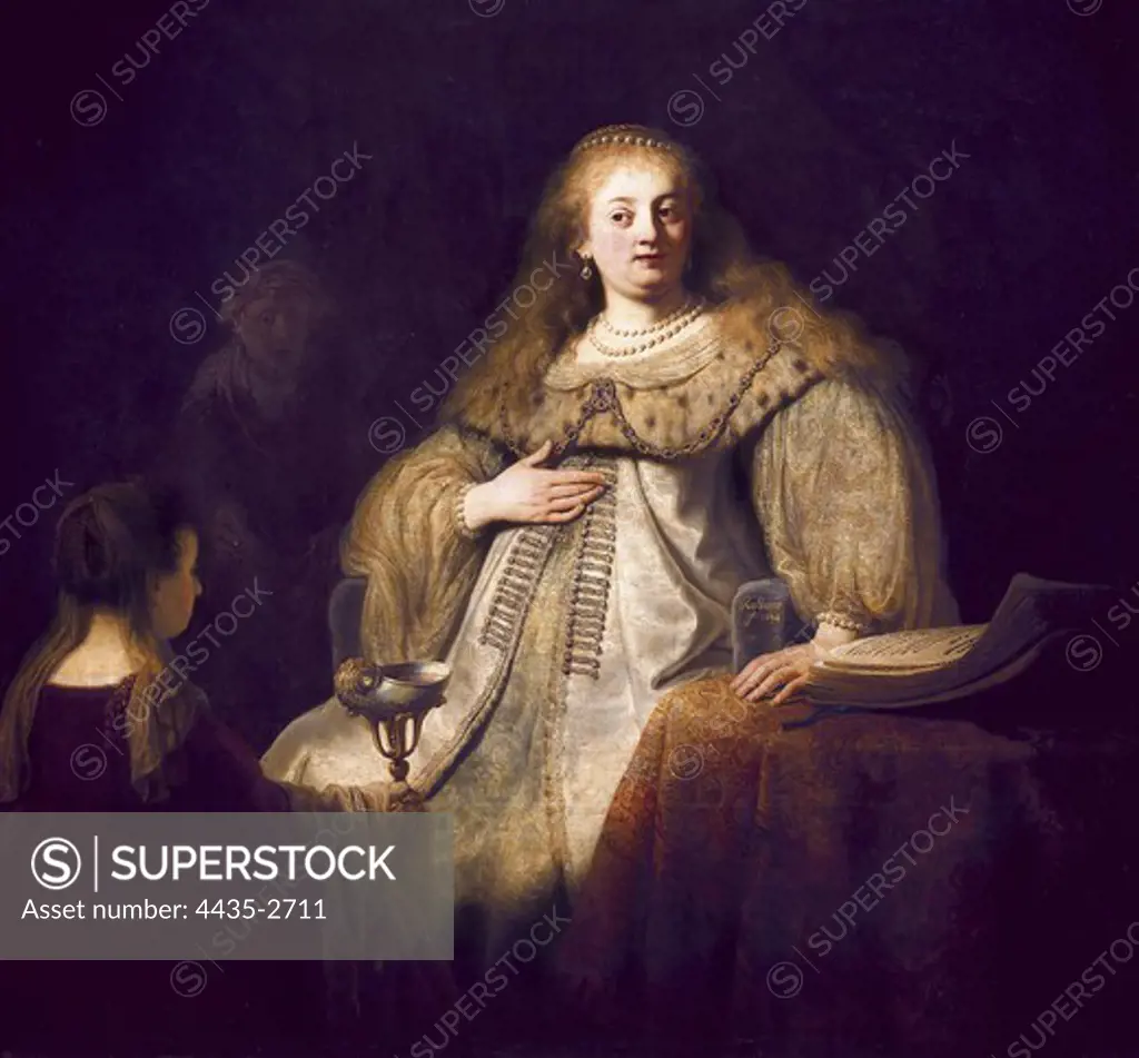REMBRANDT, Harmenszoon van Rijn, called (1606-1669). Artemis. 1634. Representation of Artemiisa when receiving the cup with Mausolus' ashes. Tha artist's wife, Saskia, served as sitter. Baroque art. Oil on canvas. SPAIN. MADRID (AUTONOMOUS COMMUNITY). Madrid. Prado Museum.