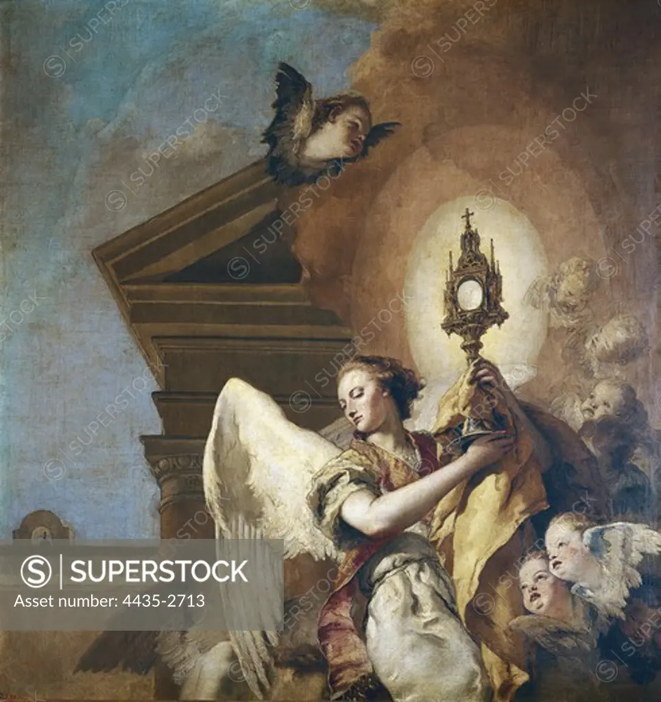 TIEPOLO, Giovanni Battista (1696-1770). Angel bearer of the Eucharist. 1769. Detail. Two parts from this work are conservated. Baroque art. Oil on canvas. SPAIN. MADRID (AUTONOMOUS COMMUNITY). Madrid. Prado Museum.