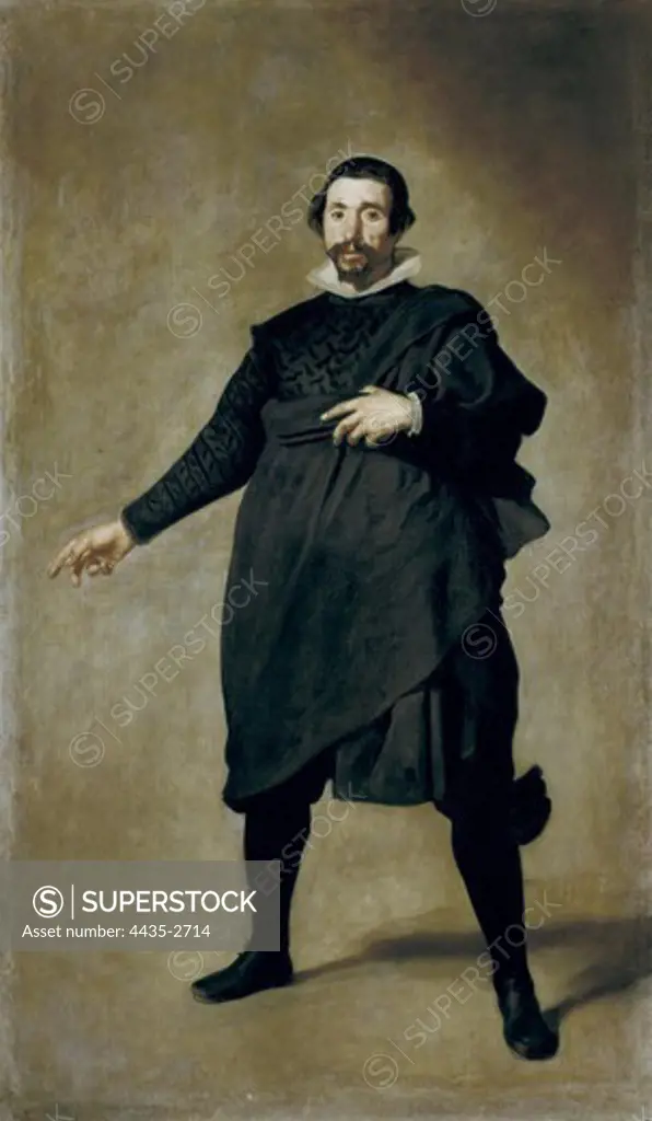 VELAZQUEZ, Diego Rodrguez de Silva (1599-1660). Portrait of the Buffoon Pablo de Valladolid. 1633. Baroque art. Oil on canvas. SPAIN. MADRID (AUTONOMOUS COMMUNITY). Madrid. Prado Museum.