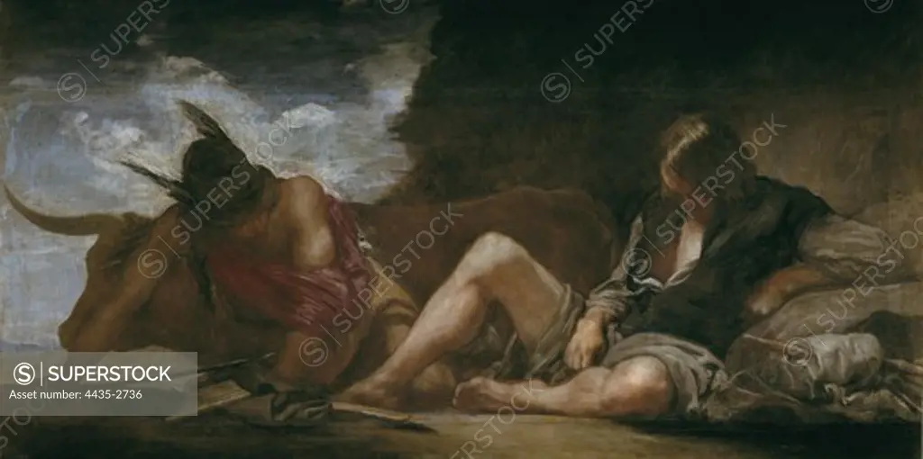 VELAZQUEZ, Diego Rodrguez de Silva (1599-1660). Mercury and Argos. 1659. Baroque art. Oil on canvas. SPAIN. MADRID (AUTONOMOUS COMMUNITY). Madrid. Prado Museum.