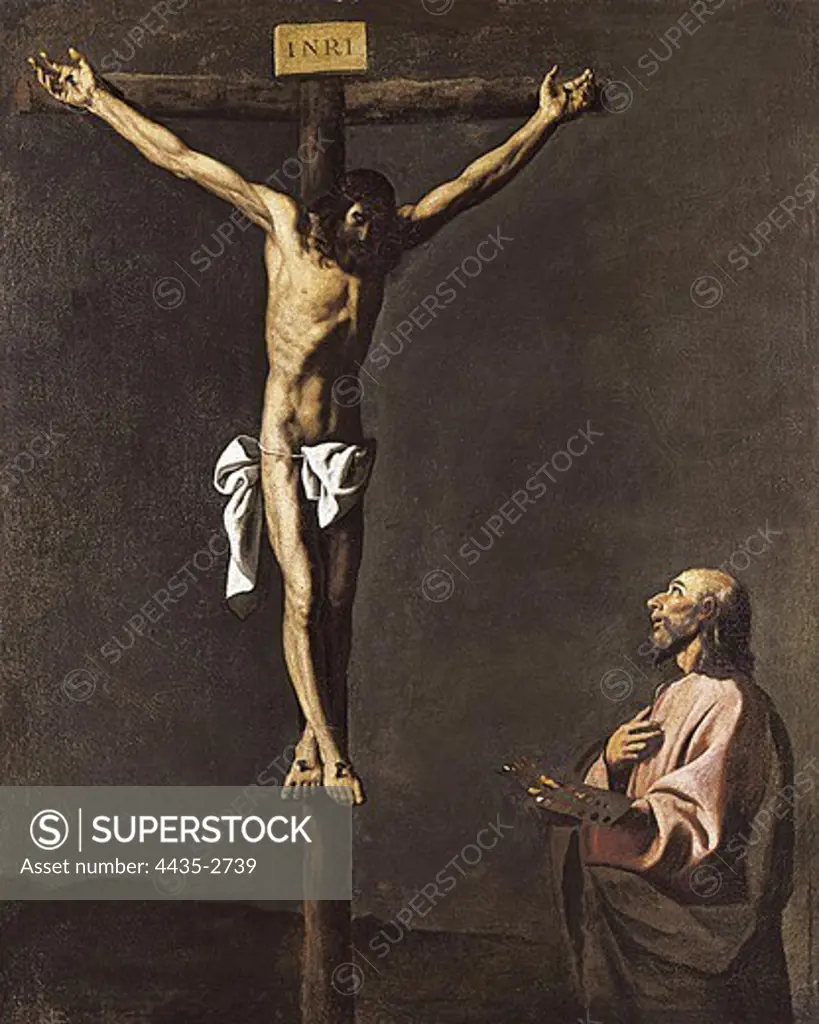 ZURBARAN, Francisco de (1598-1664). Saint Luke as a Painter Before Christ on the Cross. 1638. Baroque art. Oil on canvas. SPAIN. MADRID (AUTONOMOUS COMMUNITY). Madrid. Prado Museum.