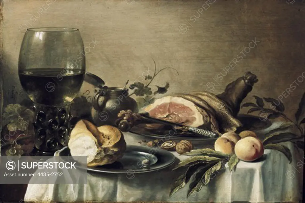 CLAESZ, Pieter (1597-1661). Breakfast with Ham. 1647. Dutch school. Baroque art. Oil on wood. RUSSIA. SAINT PETERSBURG. Saint Petersburg. State Hermitage Museum.