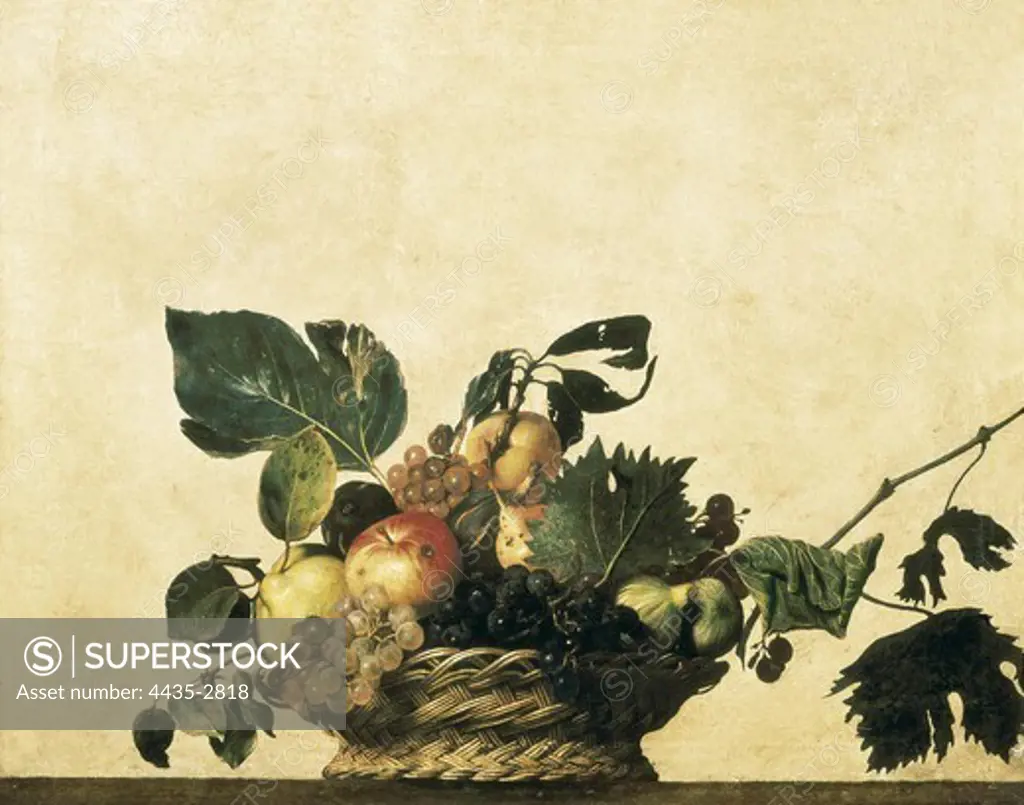 CARAVAGGIO, Michelangelo Merisi da (1573-1610). Basket with Fruit. 1597-1598. Baroque art. Oil on canvas. ITALY. LOMBARDY. Milan. Pinacoteca Ambrosiana (Ambrosiana Picture Gallery).