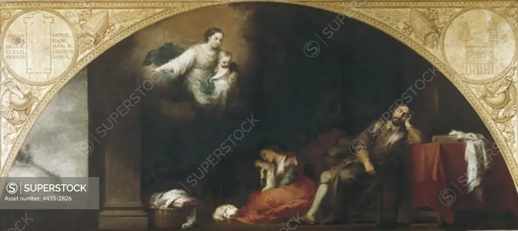 MURILLO, BartolomŽ Esteban (1617-1682). The Foundation of Santa Maria Maggiore: The Dream of the Patrician Juan. 1660s. Depressed arch. The Virgin and Child appeared in dreams on the 4th August 352, pointed the Mount Esquilino in order to build there a church. Painted for Santa Maria la Blanca in Seville and ordered by don Justino de Neves. Baroque art. Oil on canvas. SPAIN. MADRID (AUTONOMOUS COMMUNITY). Madrid. Prado Museum.