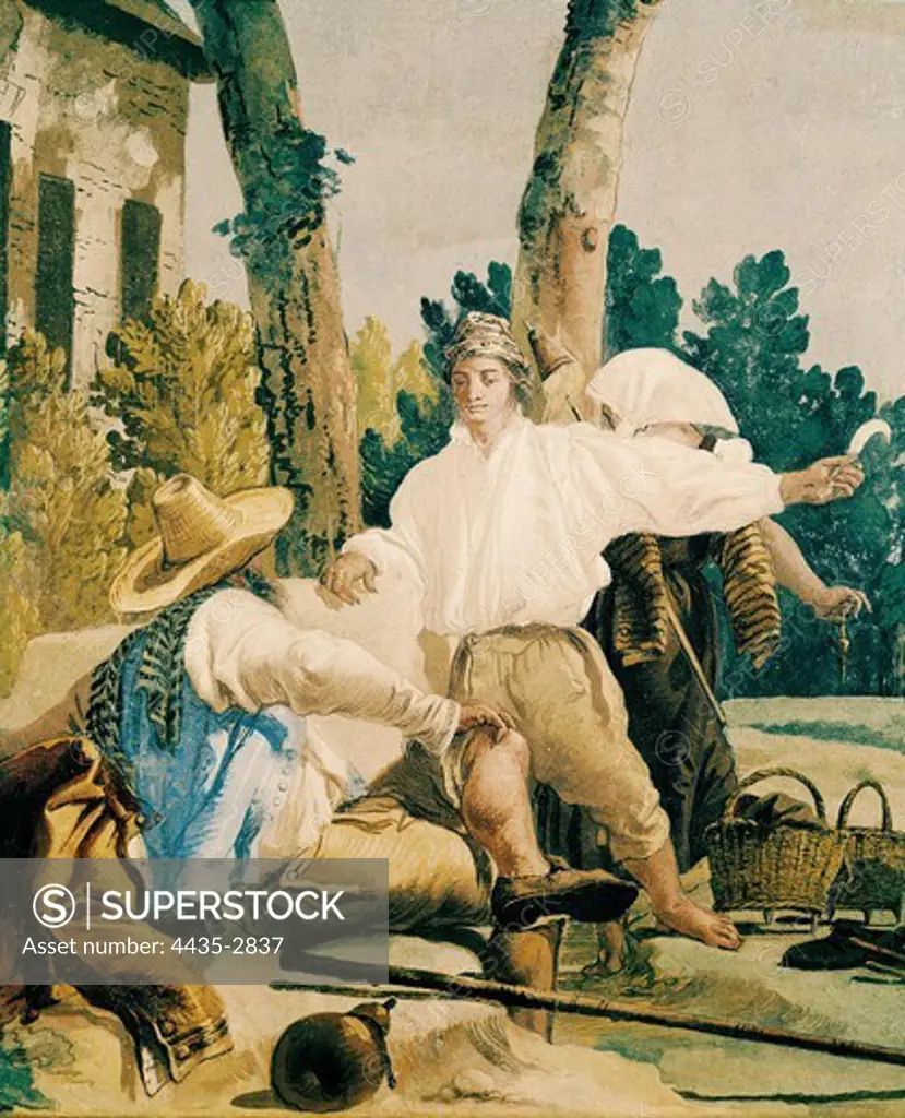 Peasants at rest. 1757. ITALY. Vicenza. Villa Valmarana. Detail. Rococo. Fresco.