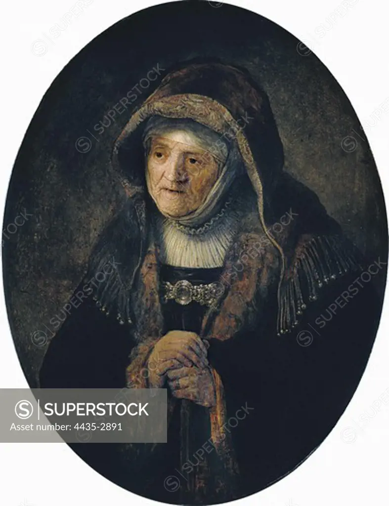 REMBRANDT, Harmenszoon van Rijn, called (1606-1669). Rembrandt's Mother as Biblical Prophetess Hannah. 1639. Baroque art. Oil on wood. AUSTRIA. VIENNA. Vienna. Kunsthistorisches Museum Vienna (Museum of Art History).
