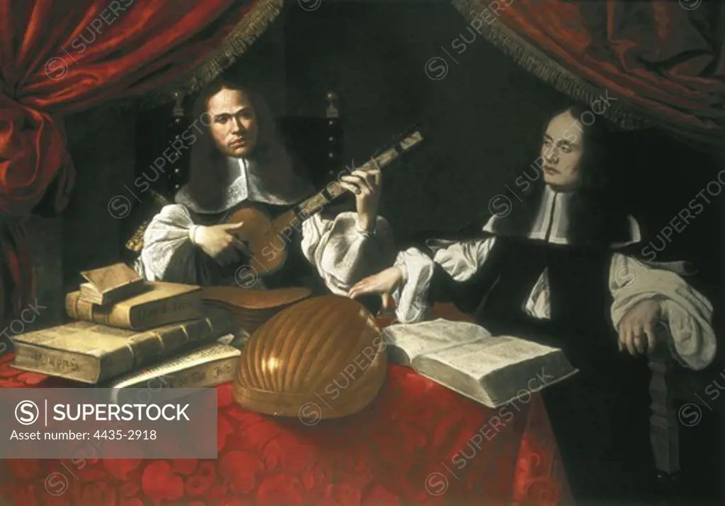 'Agliardi brothers', circa 1665. Bergamo school. Right side of the tryptich dedicated to the Agliardi family and his occupation, the Music. Baroque art. Oil on canvas. Private Collection.