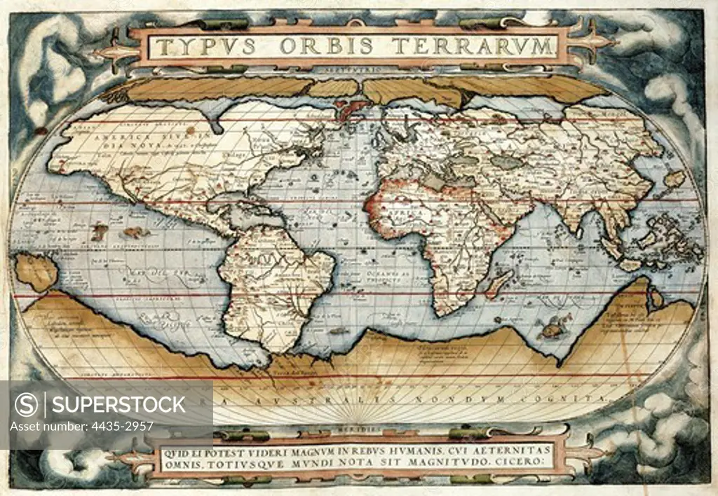 ORTELIUS, Abraham (1527-1598). Theatrum Orbis Terrarum. 1570. It is considered to be the first modern atlas. World map (Typus Orbim Terrarum). Etching.