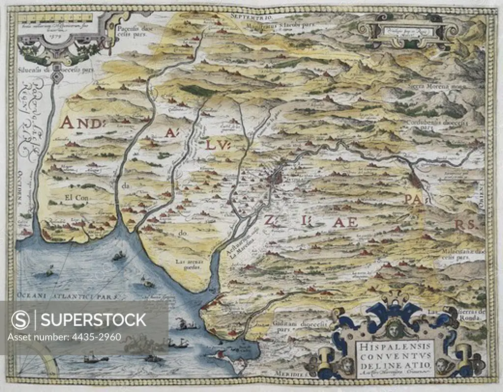 ORTELIUS, Abraham (1527-1598). Theatrum Orbis Terrarum. 1570. It is considered to be the first modern atlas. Map of Western Andalusia. Based in the map of Hironimus Chiaves (Jer—nimo de Chaves). Printed in Antwerp by Christophe Plantin (1588). Etching. BELGIUM. FLANDERS. ANTWERP. Antwerp. Museum Plantin-Moretus.