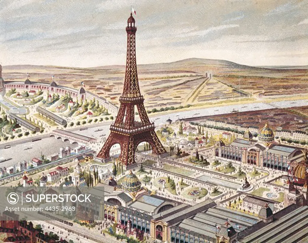Paris. Universal Exhibition of 1889 with the Eiffel Tower. Detail. Engraving. FRANCE. ëLE-DE-FRANCE. Paris. MusŽe Carnavalet (Carnavalet Museum).