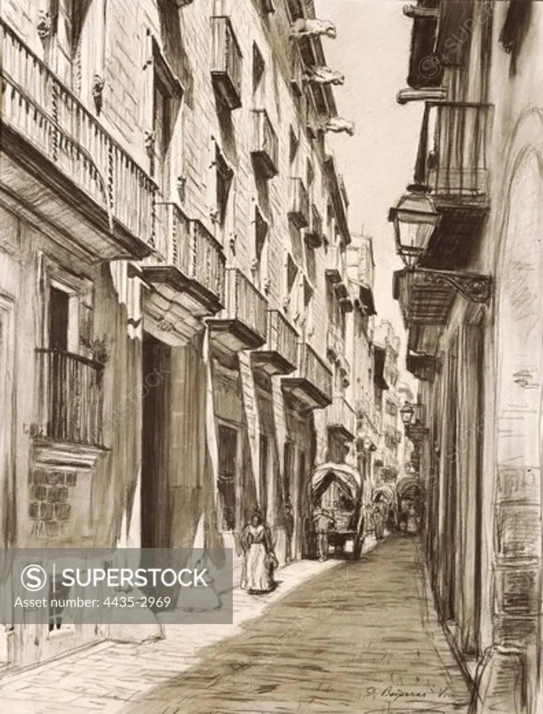 BAIXERAS i VERDAGUER, Dions (1862-1943). Montcada Street. Drawing. SPAIN. CATALONIA. Barcelona. Barcelona City History Museum.