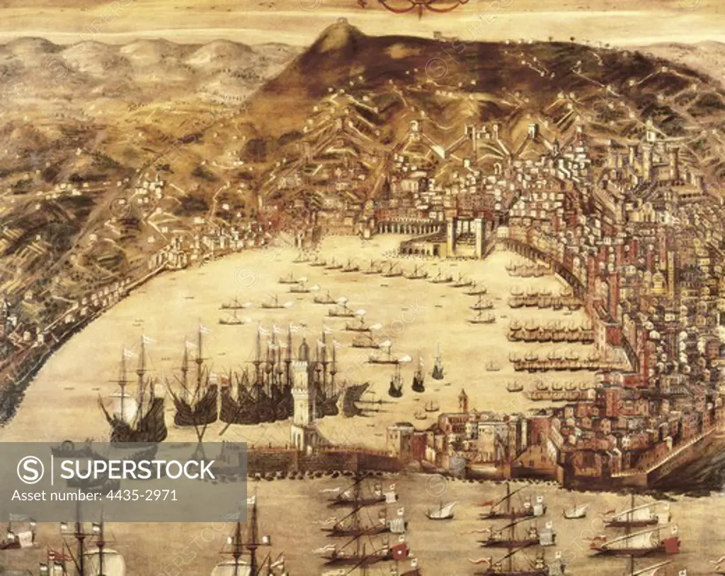 GRASSI, Cristoforo (16th c.). Port of Genoa. 1597. Inspired on an anonymous painting of 1842. Oil on canvas. ITALY. LIGURIA. Genoa. Pegli. Navy Museum.