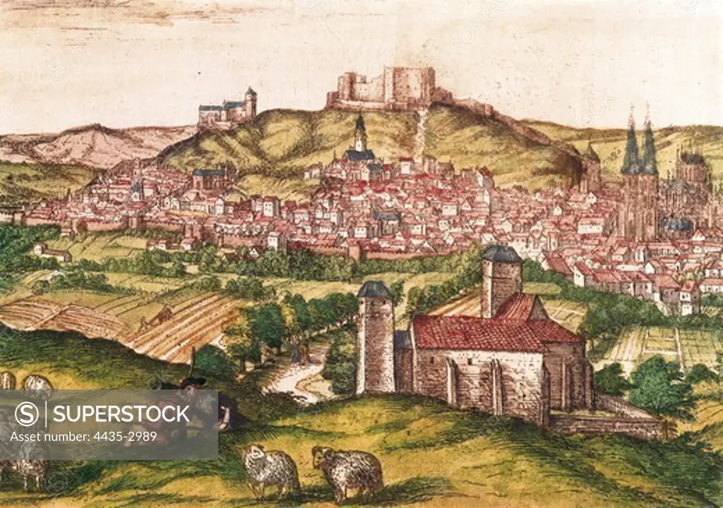 BRAUN, George (1541-1622). Civitatis Orbis Terrarum (Theatrum orbis terrarum). 1572-1617. Burgos with shepherds and cattle (1576). Etching. SPAIN. CATALONIA. Barcelona. Historical Archive of Barcelona.