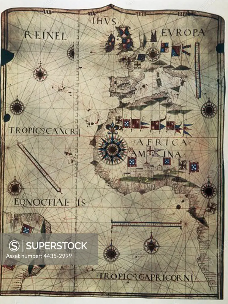 Nautical chart depicting the West Coast of Africa, Brazil, the North Atlantic Ocean and the South Atlantic Ocean, by Jorge Reinel. 1535. This was an interest area to both Portuguese and Spanish sailors. Miniature Painting. ITALY. TUSCANY. Florence. Ricasoli Firidolfi Library.