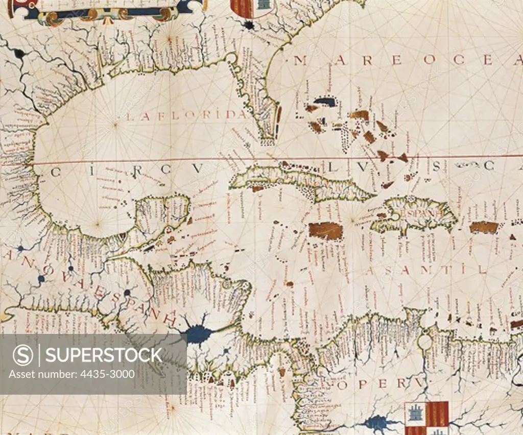 VAZ DOURADO, Fernao (16th century). Hydrographic atlas by Fernao Vaz Dourado. 1571. It depicts the Caribbean Sea, Cuba, La Florida, Central America and Northern South America. Miniature Painting. PORTUGAL. Lisbon. National Archive of the Tower of the Tombo.