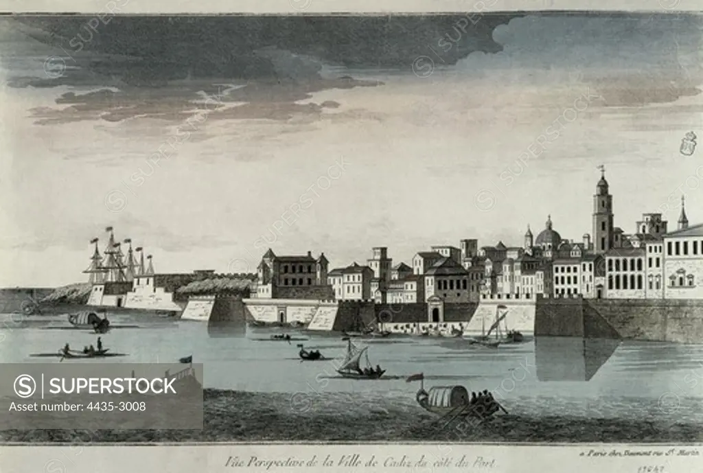 City of Cadiz seen from the harbour. Engraving. FRANCE. ëLE-DE-FRANCE. Paris. National Library.