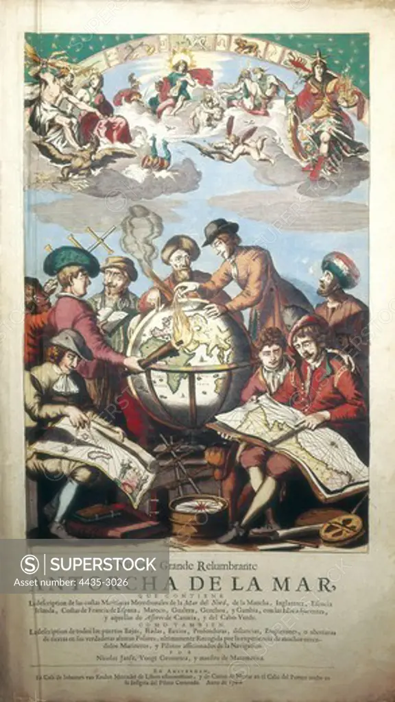 'The sea compass'. 1700. Book of maps and descriptions of coasts, harbours, depths and distances. Engraving printed in Amsterdam. Engraving. UNITED KINGDOM. ENGLAND. London. Greenwich. National Maritime Museum.