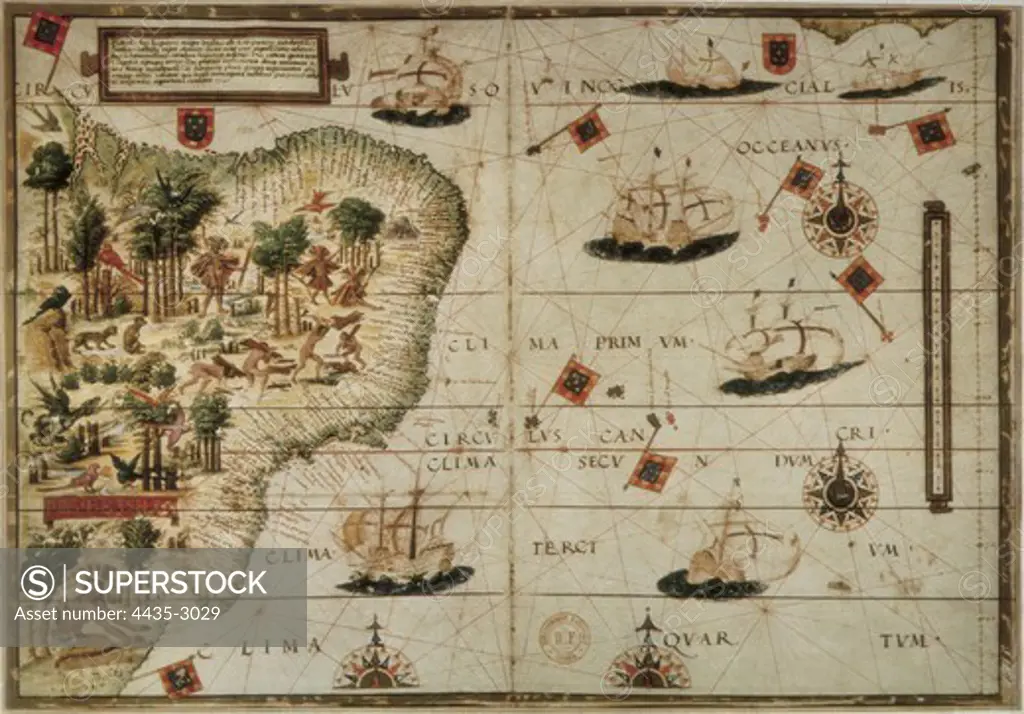 REINEL, Jorge (1502 - 1572). Atlas Miller. 1519. Portolan chart, 1587. Map of Western Europe and North Africa. Printed in Messina. Facsimile. Renaissance art. Miniature Painting. FRANCE. ëLE-DE-FRANCE. Paris. National Library.
