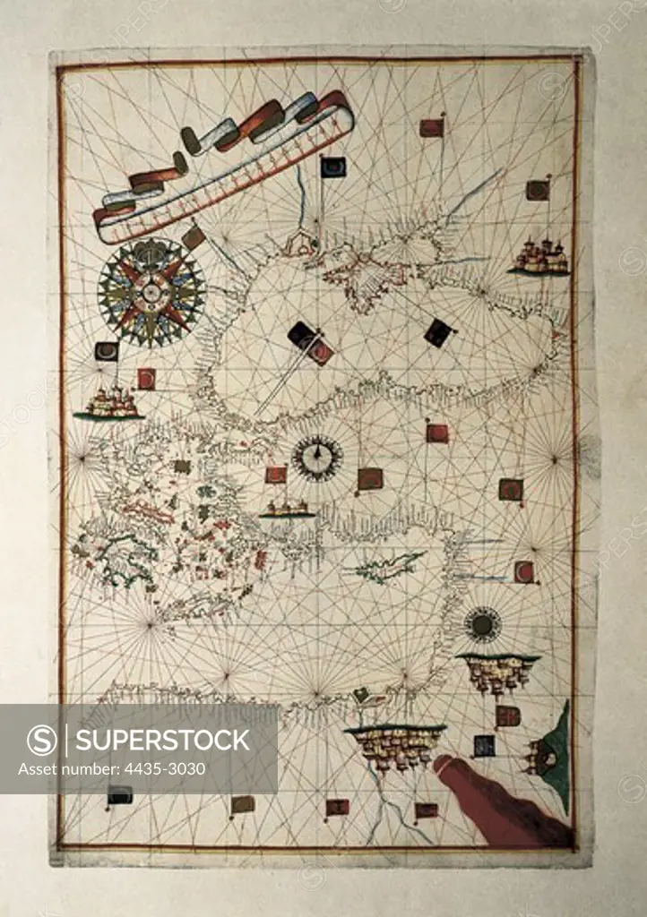 Portolan chart, 1587. Map of England, Scotland and Ireland with the north France coast. Realized in Messina. Facsimile. Renaissance art. Miniature Painting.