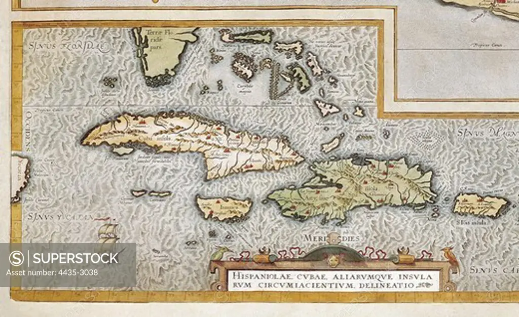 ORTELIUS, Abraham (1527-1598). Theatrum Orbis Terrarum. 1570. It is considered to be the first modern atlas. Map of the Caribbean Sea  with the islands of Cuba, Cayman Islands, Hispaniola (Dominican Republic and Haiti), Puerto Rico and Jamaica. ca. 1588. Etching. SPAIN. MADRID (AUTONOMOUS COMMUNITY). Madrid. America's Museum.