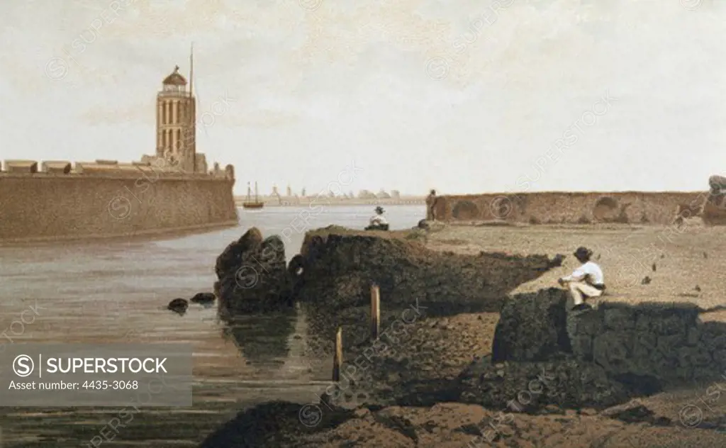 Veracruz. Port and castle of San Juan de Ulla (19th c.). Litography.