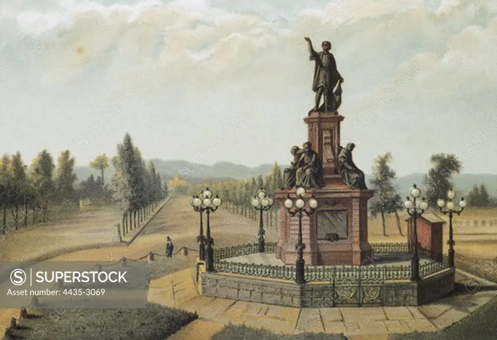 Mexico City. Monument to Columbus in Paso de la Reforma (1885). Litography.