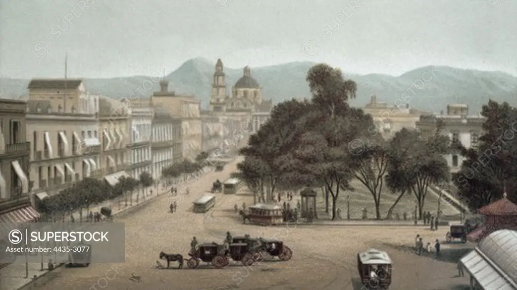 Mexico City. El Empedradillo (1885). Litography.