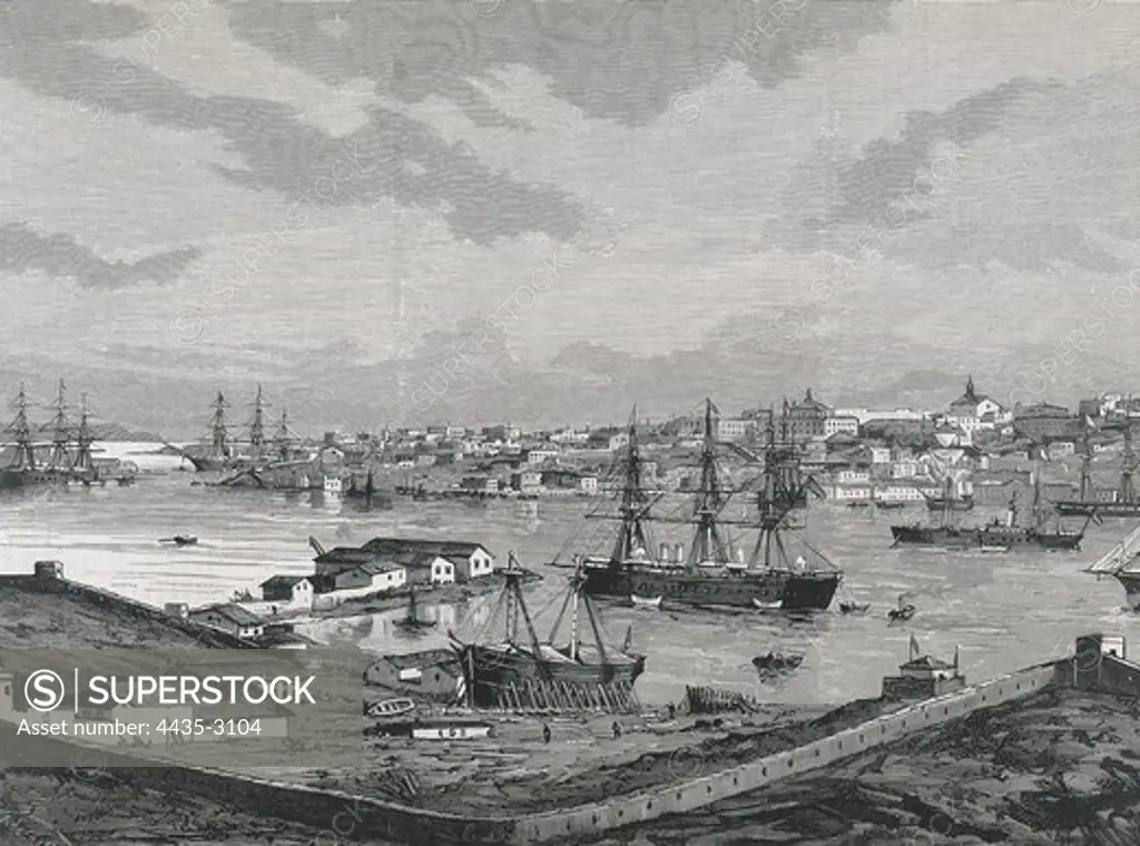 CAULA Y CORNEJO, Antonio  de (1847). View of the Port of Mahn. 1884. La Ilustracin Espa-ola y Americana. Engraving.