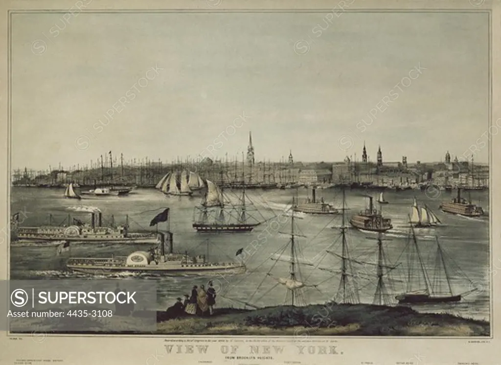New York (19th c.). View from Brooklyn. Engraving.