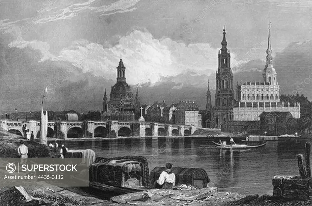 Historical View of Dresden on the Elbe c.1850. Steel engraving by Albert Henry Payne (1812-1902). Engraving.