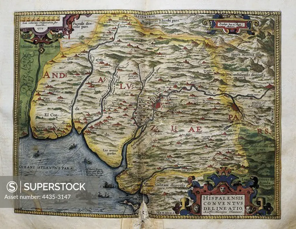 ORTELIUS, Abraham (1527-1598). Theatrum Orbis Terrarum. 1570. It is considered to be the first modern atlas. Map of Western Andalusia. Based in the map of Hironimus Chiaves (Jer—nimo de Chaves). Printed in Antwerp by Christophe Plantin (1588). Etching. SPAIN. CASTILE AND LEON. Salamanca. Salamanca University Library.