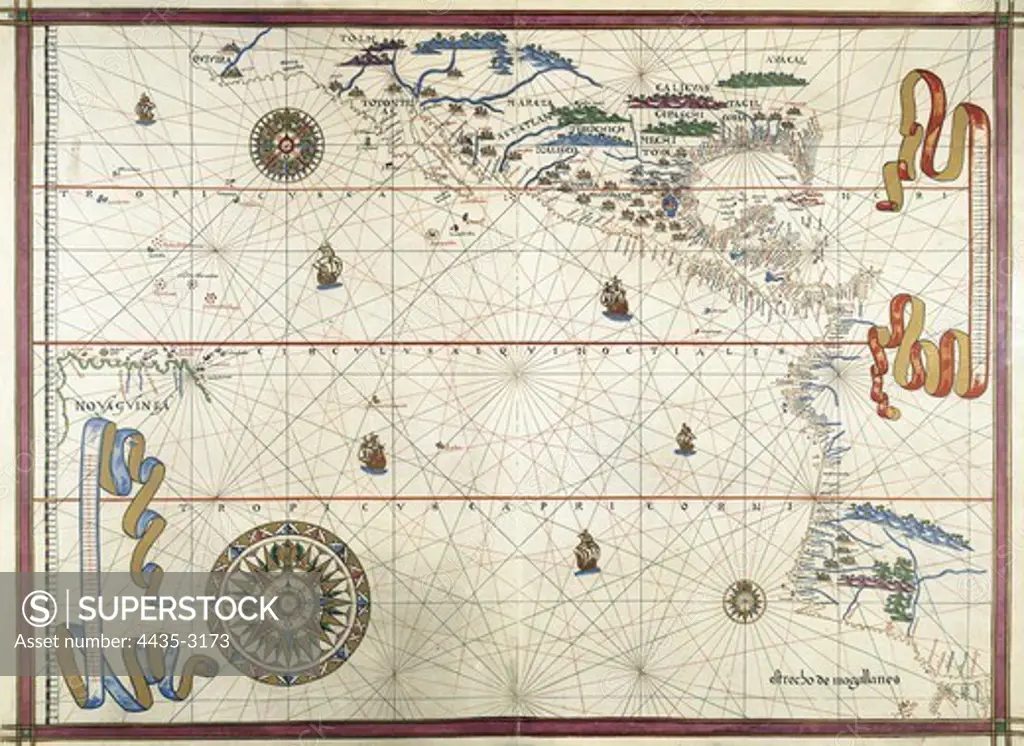 Portolan chart, 1591. Map of the Pacific Ocean. It depicts the western coast of Central and South America, from Mexico to the Strait of Magellan. Renaissance art. Miniature Painting.