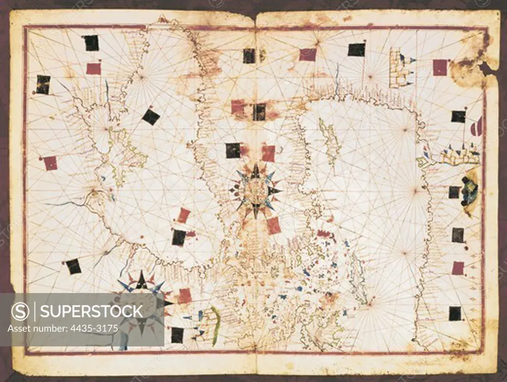Portolan chart, 16th c. Map of the Eastern Mediterranean Sea and the Black sea. (Anonymous, it is believed to be made by Joan Martines or by his workshop). Renaissance art. Miniature Painting. SPAIN. CATALONIA. Barcelona. Barcelona Maritime Museum.