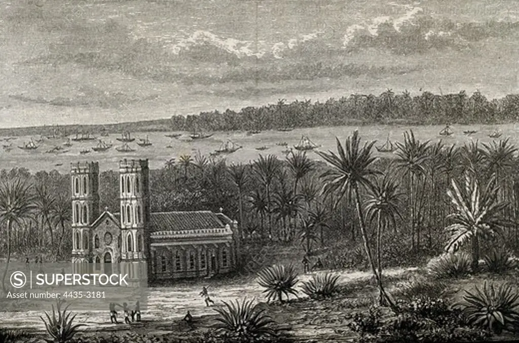 Church and harbour of the Gulf of Benin in 1882. Engraving.