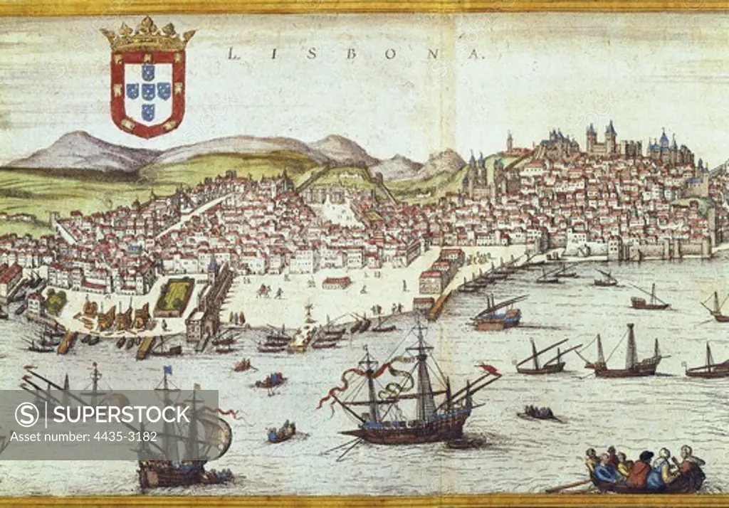 BRAUN, George (1541-1622). Civitatis Orbis Terrarum (Theatrum orbis terrarum). 1572-1617. Lisbon (1572). Volume I. Etching. SPAIN. CATALONIA. Barcelona. Barcelona City History Museum.