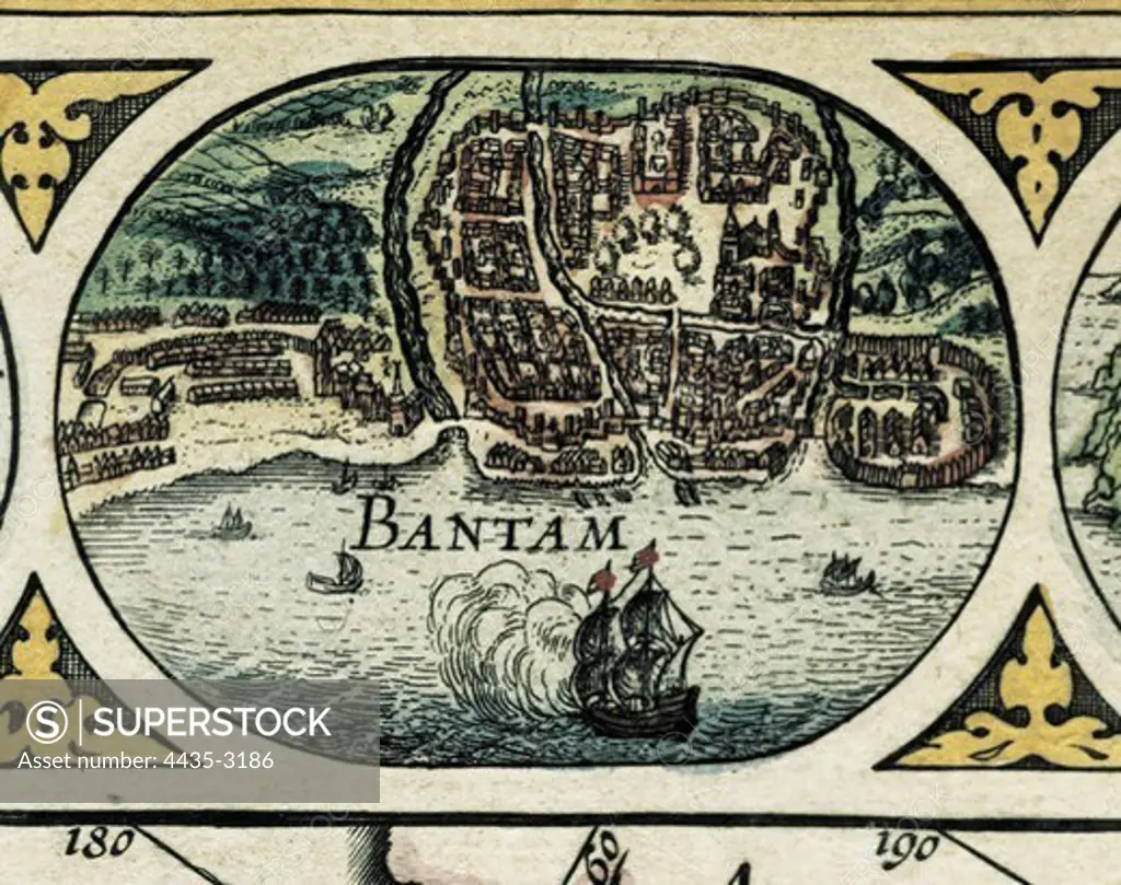 BLAEU, Jan (1596-1673). Atlas Novus or Atlas Maior. 1635 - 1665. Detail of the mapamundi con la representacin de Bantam (now Bataan). Etching. SPAIN. CATALONIA. Barcelona. Biblioteca de Catalunya (National Library of Catalonia).