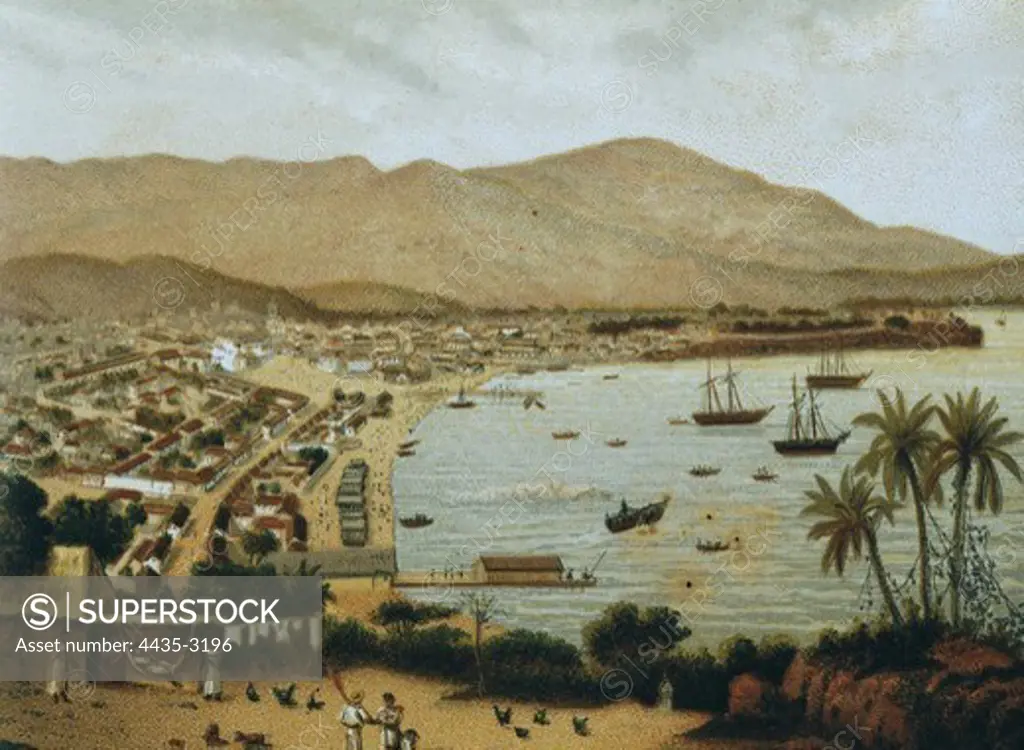 Mexico (19th c.). Bay of Acapulco. Costumbrism. Litography.