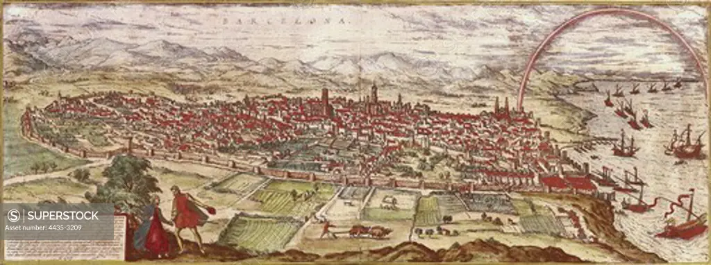 BRAUN, George (1541-1622). Civitatis Orbis Terrarum (Theatrum orbis terrarum). 1572-1617. Barcelona (1572). Etching. SPAIN. CATALONIA. Barcelona. Barcelona City History Museum.
