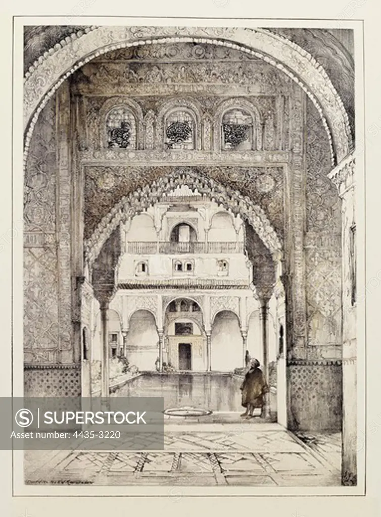 Spain (19th c.). Granada. The Alhambra. Patio de los Arrayanes (Court of the Myrtles), engraving by F.J. Lewis. Litography.