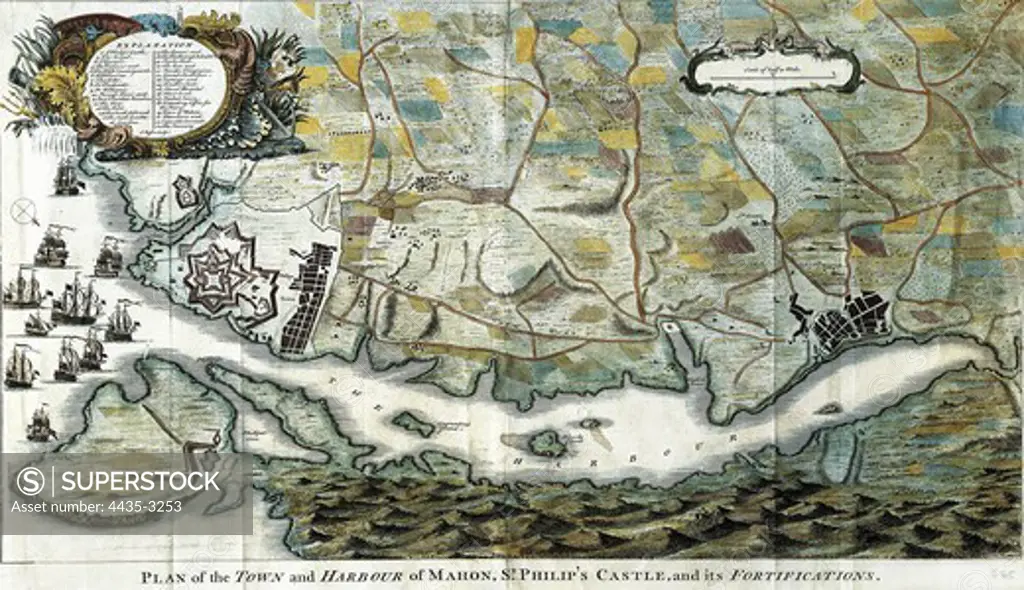 Map of Mahn with the San Felipe castle, 18th c. Engraving.