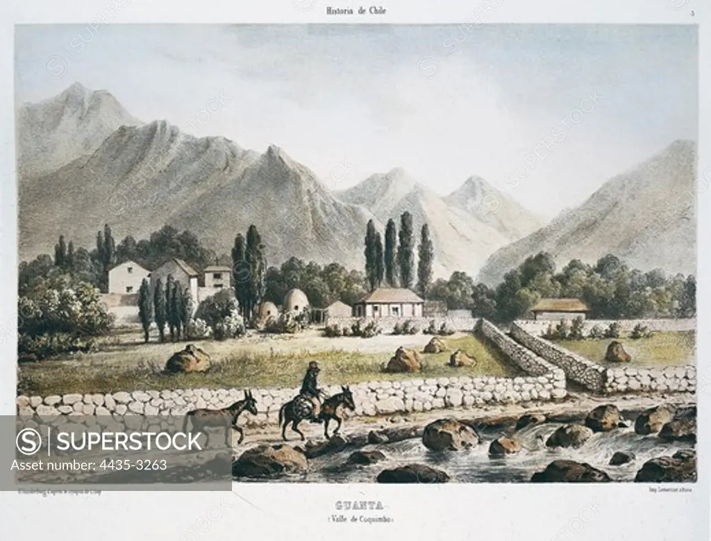 Chile (1854). Guanta, in Coquimbo valley. Litography.