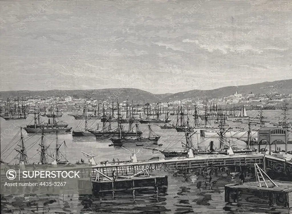Chile (1844). Valparaso. The harbour and the city from the unloading dock. Etching.