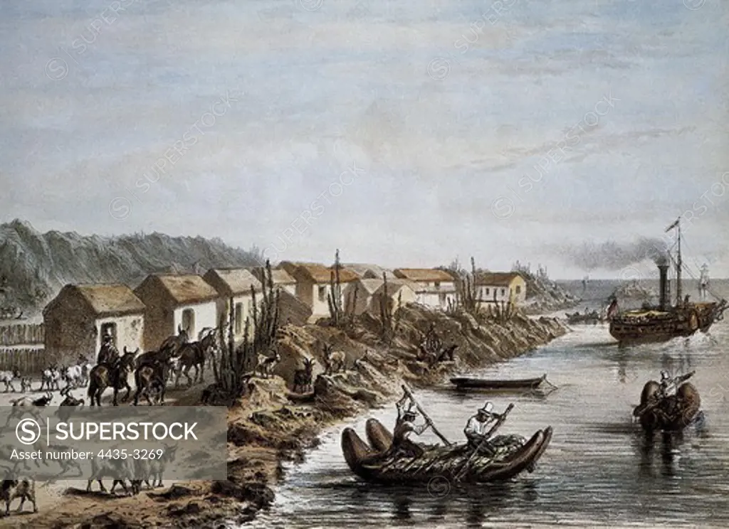 Chile (1854). Port of Huasco. Litography.