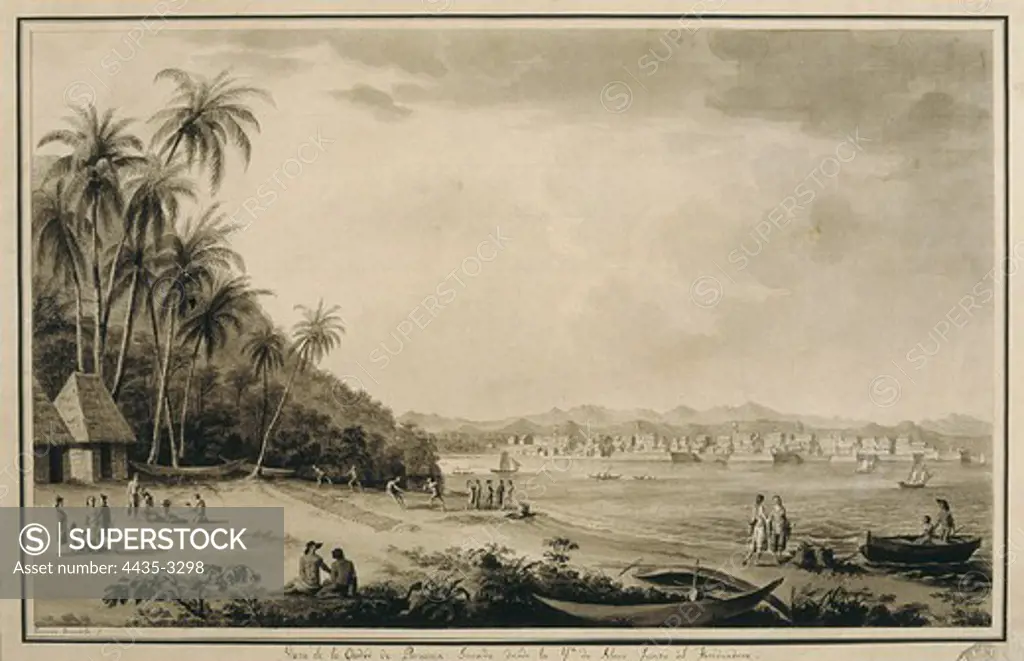 America (18th c.). Panama. View of the city from the island of Naos. Drawing by Fernando Brambila illustrating the scientific expedition of Alejandro Malaspina (1789-1794). Litography. SPAIN. MADRID (AUTONOMOUS COMMUNITY). Madrid. Navy Museum.